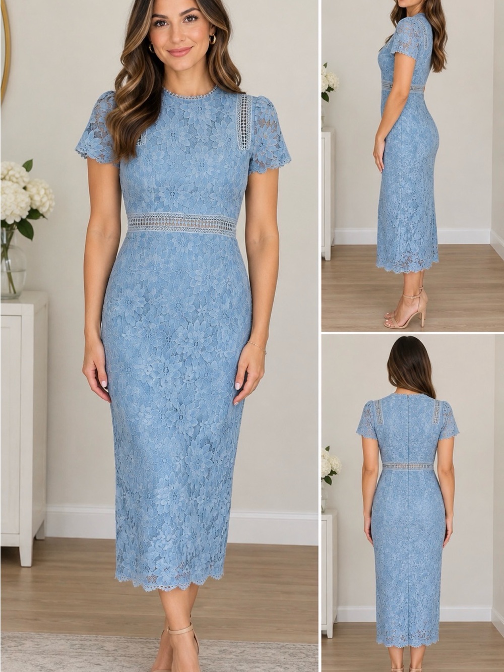 PrettyLittleThing Sky Blue Floral Lace Midi Dress - Picture 2 of 4